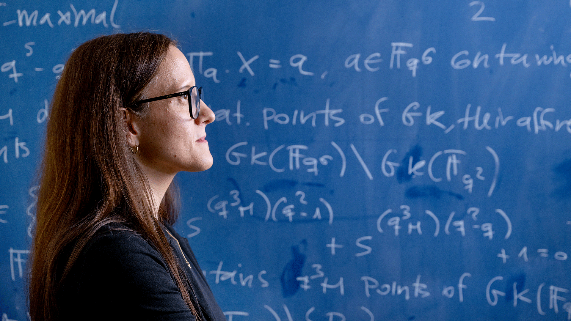 Billede af DTU-professor Maria Montanucci i profil foran en blå tavle overskrevet med matematiske formler.